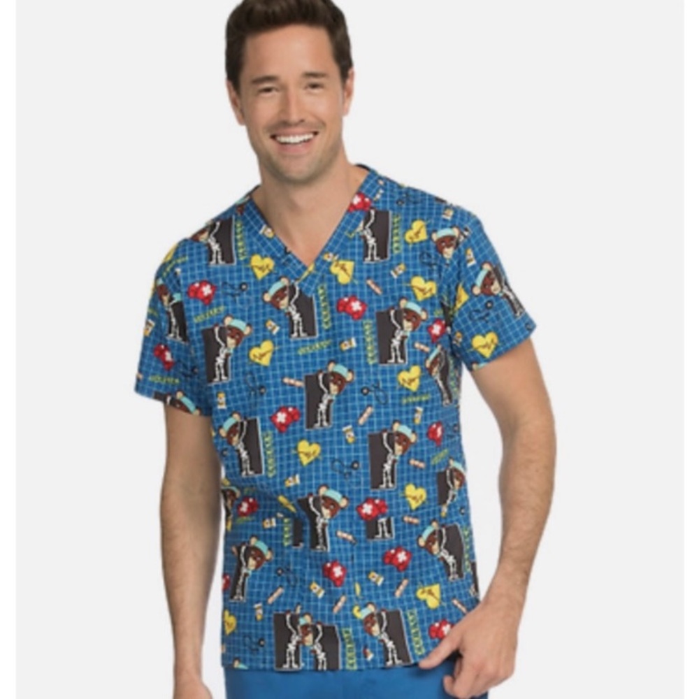 Med Couture Unisex On The Mend V-Neck X-Ray Bear Print Scrub Top Size Small